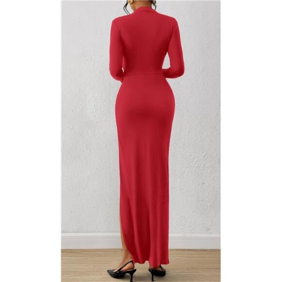 Women's Formal Dress Long Sleeve Mock Neck Red - Picture 3 of 7